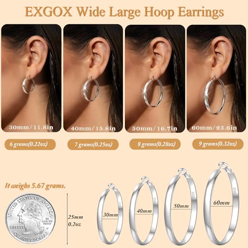 EXGOX 5mm Wide Gold Hoop Earrings for Women,Sterling Silver Hoop Earrings Large Silver Hoop Earrings Hypoallergenic Lightweight 14K Real Gold Plated Big Hoop Earrings for Women 30/40/50/60/70mm - color: Silver Color/40MM