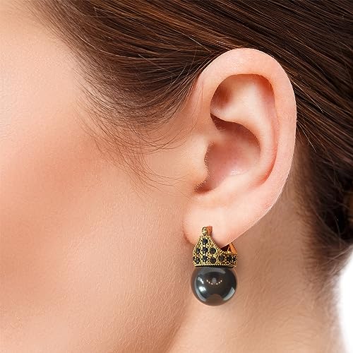 Glass Pearl Earrings Crystal Accent Crown Shape for Wedding, Bridal, Formal & Fashion - color: Black/Gold