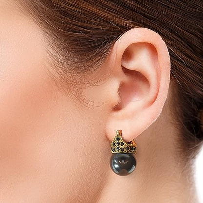 Glass Pearl Earrings Crystal Accent Crown Shape for Wedding, Bridal, Formal & Fashion - color: Black/Gold