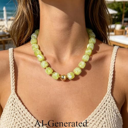 Ritach Chunky Beaded Necklaces for Women - Colorful Large Square Acrylic Beaded Necklace Boho Chunky Necklace Adjustable Statement Choker Necklace for Women Waterproof Summer Beach Jewelry Gifts - color: Light Green