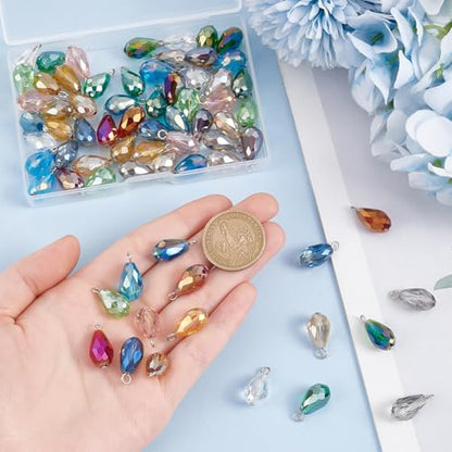 PH PandaHall Faceted Teardrop Charms, 70pcs, 14 Colors, 20mm, AB Color | Glass Crystal Pendants, Glass Charms Beads, For Necklace Earring Bracelet, For DIY Jewelry Craft Making