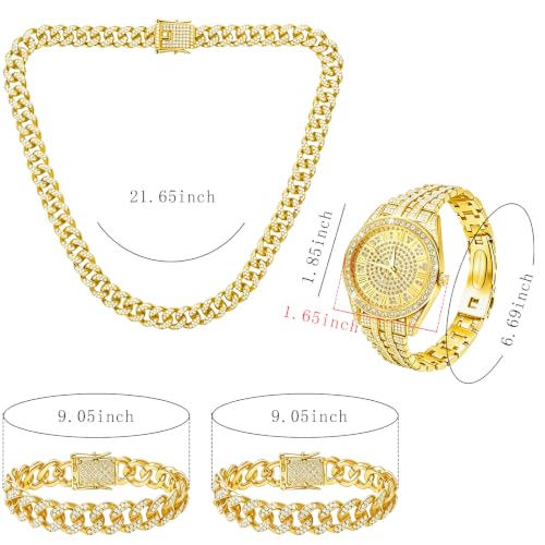 NEWITIN 4 Pieces Cuban Jewelry Set for Men Diamond Watch Necklace Bracelets | Hypoallergenic, Cubic Zirconia, Cuban Link Chain, Iced Out Bling Rhinestone, Silver Gold Black, Hip Hop Jewelry Set for Men