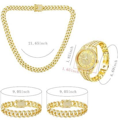 NEWITIN 4 Pieces Cuban Jewelry Set for Men Diamond Watch Necklace Bracelets | Hypoallergenic, Cubic Zirconia, Cuban Link Chain, Iced Out Bling Rhinestone, Silver Gold Black, Hip Hop Jewelry Set for Men