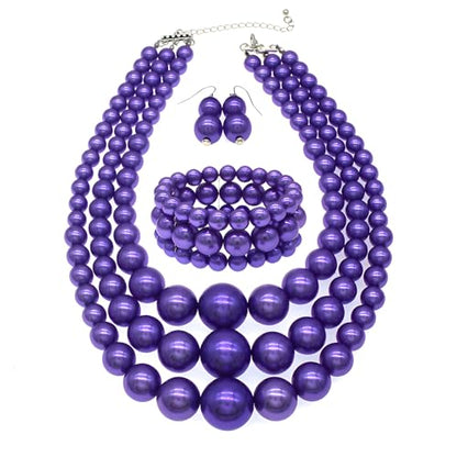 We We Imitation Pearl Necklace for Women Large Chunky Pearl Necklaces Multilayer Pearl Necklace and Earring 1920s Costume Jewelry set - color: purple pearl necklace set