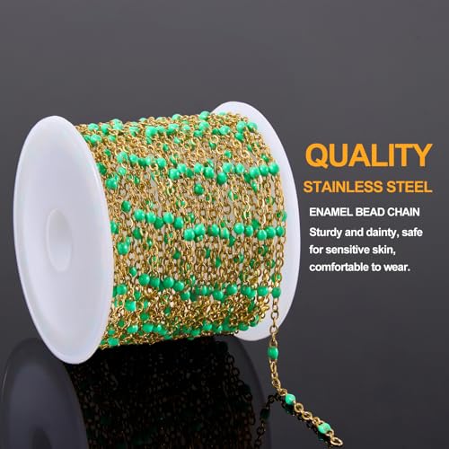 KYUNHOO 16.4FT/5M Gold Plated Jewelry Chains Bulk for Necklace Crafting | Bright Green Bead Cable Links Stainless Steel Enamel Chain for Earring Bracelet Making with Jewelry Accessories - color: gold-light green