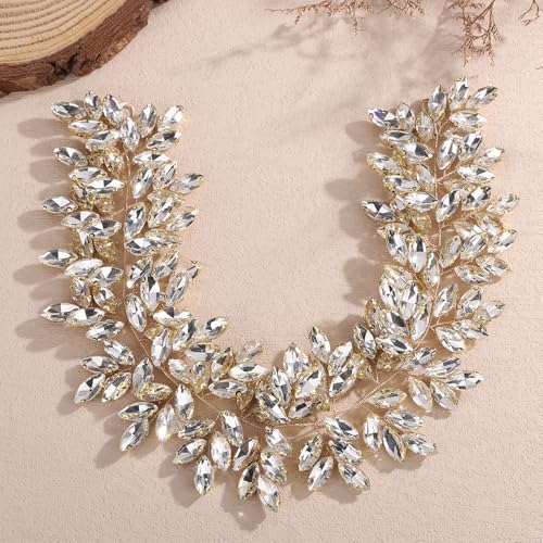 Missgrace Women Silver Green Black Red Blue Handmade Full Crystal Rhinestone Large Headband Hair Vine Shinny Headpiece Bridal Wedding Hair Accessories for Women (Gold plated) - color: Gold plated