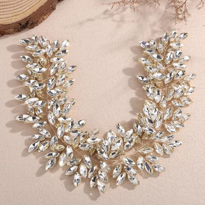 Missgrace Women Silver Green Black Red Blue Handmade Full Crystal Rhinestone Large Headband Hair Vine Shinny Headpiece Bridal Wedding Hair Accessories for Women (Gold plated) - color: Gold plated