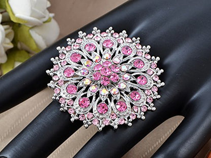 Alilang Adustable Silver Blue Purple Iridescent Crystal Rhinestones Snowflake Flower Floral Ring - color: Pink