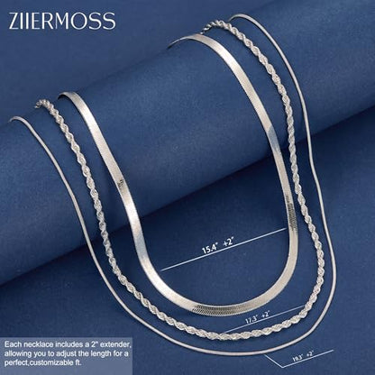 3PCS Gold Necklaces for Women,Chunky Statement Gold Plated Necklace Stack Layered Sterling Silver Herringbone Chains for Women Dainty Trendy Silver Chains Stacked Jewelry Gifts - color: silver chunky necklace set