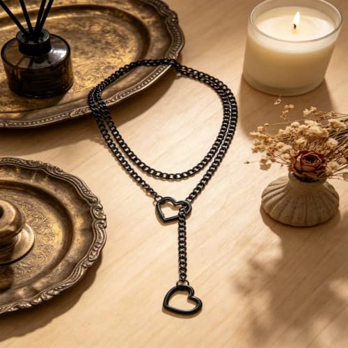 Heart Slip Chain Necklace for Women, 36 Inch Gothic Punk Cuban Chain, Removable Black Heart O-Ring, Detachable Heart Pendant, Adjustable Stainless Steel Y-Necklace. - color: Black Heart-1