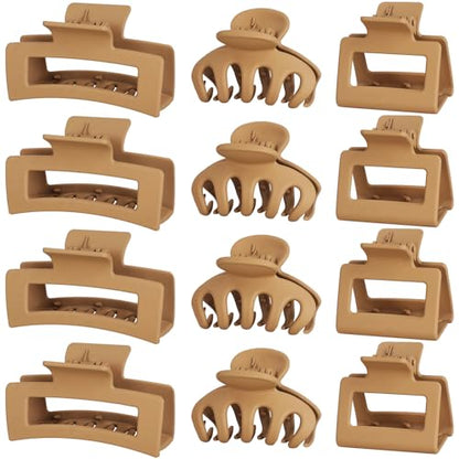 Small Medium Claw Clips for Women, 3 Styles Hair Clips for Thick and Thin Hair, Non-slip Strong Hold, 12 Pcs (Kahki) - color: Kahki