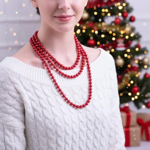 Pearl Necklaces for Women 60'' 70" Long Pearl Necklace 15.75'' Pearl Choker Necklace Chunky Bead Layered Faux Pearl Dangle Wedding Bridal 1920s Gatsby Christmas Costume Jewelry Gifts - color: Red-60''
