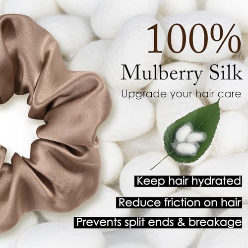OLESILK 100% Mulberry Silk-Scrunchies for Hair Sleep, Women Grils Silk Hair Ties for Frizz & Breakage Curly Hair, No Damage, Elastics Ponytail Holder, 3 Pack - color: 3pcs, Black-Camel-Co Co