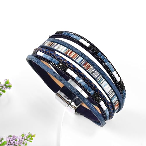 VIBILIA Boho Leather Wrap Bracelets for Women Multi-Layer Bracelets | With Strong Clasp Jewelry for Women - color: 03-BohoBraid-RoyalBlue