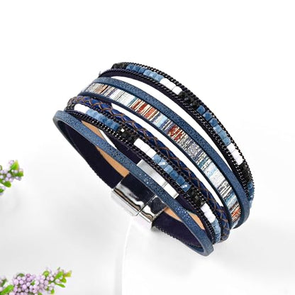 VIBILIA Boho Leather Wrap Bracelets for Women Multi-Layer Bracelets | With Strong Clasp Jewelry for Women - color: 03-BohoBraid-RoyalBlue