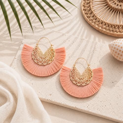Tassel Hoop Earring Statement Thread Dangle Earrings Stylish Long Fringe Drop Earrings Lightweight Long Swingy French Hook Earrings for Women - color: A Pink