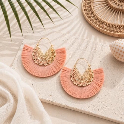 Tassel Hoop Earring Statement Thread Dangle Earrings Stylish Long Fringe Drop Earrings Lightweight Long Swingy French Hook Earrings for Women - color: A Pink
