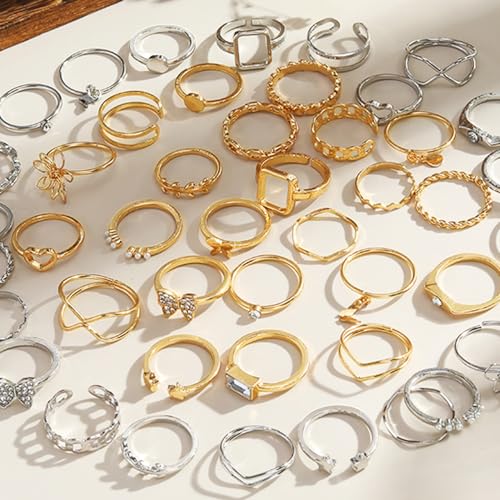 Golden Silvery Knuckle Rings Set for Women, Stackable Rings Bohemian Crystal Hollow Carved Flowers Joint Finger Rings Pack Fashion Jewelry Gifts for Birthday - color: 46 PCS