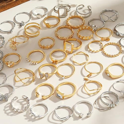Golden Silvery Knuckle Rings Set for Women, Stackable Rings Bohemian Crystal Hollow Carved Flowers Joint Finger Rings Pack Fashion Jewelry Gifts for Birthday - color: 46 PCS