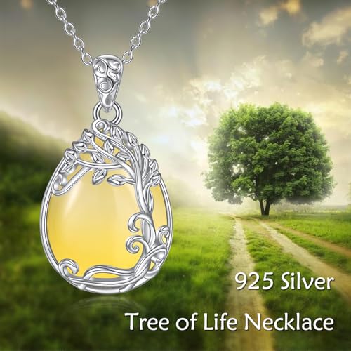 YAFEINI 925 Sterling Silver Moonstone Necklace Filigree Teardrop Pendant Necklace Jewelry for Women Girls - color: LL-Tree of Life Yellow Agate Necklace
