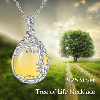 YAFEINI 925 Sterling Silver Moonstone Necklace Filigree Teardrop Pendant Necklace Jewelry for Women Girls - color: LL-Tree of Life Yellow Agate Necklace