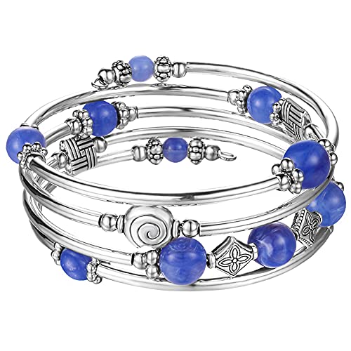Beaded Pearl Bangle Wrap Bracelet - Fashion Bohemian Jewelry Multilayer Charm Bracelet with Thick Silver Metal Beads, Gift For Women - color: Blue
