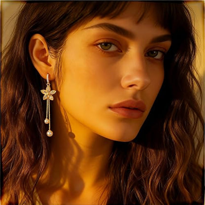 14K Gold Plated CZ Flower Dangle Earrings for Women, Sparkly Cubic Zirconia Long Tassel Drop Earrings, Bridal Wedding Jewelry - color: B:Flower Pearl Earrings