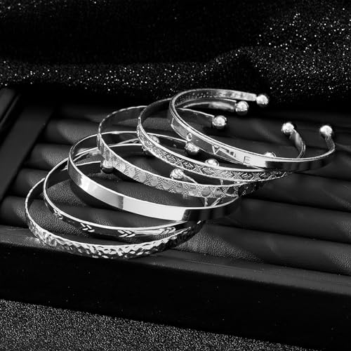 IFKM Gold Bangle Bracelets For Women, 14k Gold Plated Multi Layer Stackable Cuff Bracelet Set, Trendy Elegance Charms Non Tarnish Minimalist Textured Boho Jewelry Gift for Women - style: 6pcs Love silver