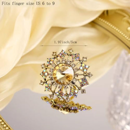 Elegant Big Crystal Ring for Women Gold Stacking Pearl Rhinestone Flower Rings Open Finger Adjustable Crystal Statement Ring Jewelry for Bridal Wedding - color: Crystal 6-gold