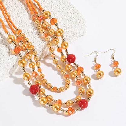 Coiris Layered Pearl Necklace and Earring Set for Women Boho Beaded Statement Choker with Faux Pearls Chunky Costume Jewelry for Wedding Party Beach Vacation Gift - color: Orange