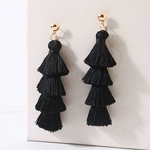 BaubleStar Bohemian Layered Tassel Drop Earrings for Women | Lightweight Statement Party Festival Jewelry - color: Black