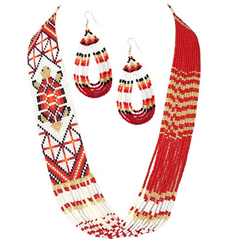 Handmade Beaded Indian Necklace,Inspired by Native American Style Long Necklace Earrings Set,One of a Kind beaded Necklace for Women,Perfect for Occasions, Gifts - color: Red, White