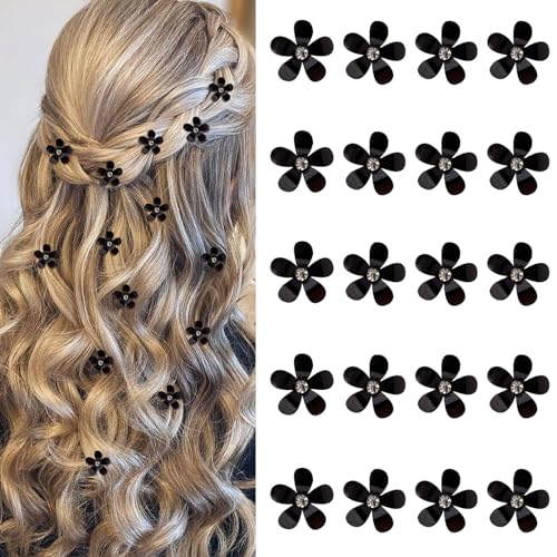 YISSION Hair Clip 20Pcs, Mini Black Flower with Rhinestone, Cute Hair Clips, Decorative Hair Barrettes, Wedding Hair Accessories for Girls Women - color: Black