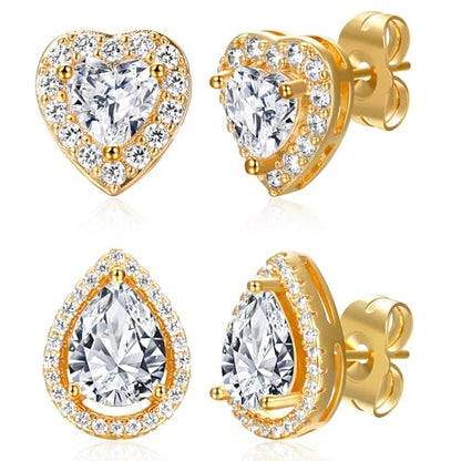 MDFUN Halo Stud Earrings 18K Gold Plated Round/Square/Heart/Teardrop Cubic Zirconia Earrings Set for Women - color: B-Heart/Teardrop