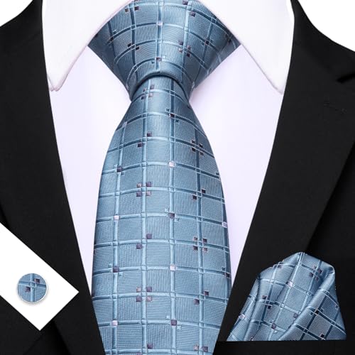YOHOWA Men Plaid/Striped Ties Clip Set Silk Necktie Pocket Square Cufflinks | Woven Classic,Formal/Casual Mens Tie,Pocket Square Cufflinks Set,Luxury,Business,Wedding,Party,Prom,Graduation - color: Dusty Blue a