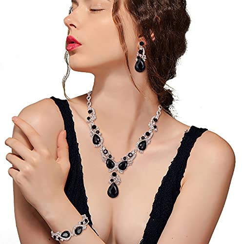 Wedding Bridal Jewelry Set for Women Prom Party Accessories | Shiny Multi Teardrop Cluster Crystal Statement Necklace Dangle Earrings Link Bracelet Set for Bride Bridesmaid - color: Black Silver-Tone