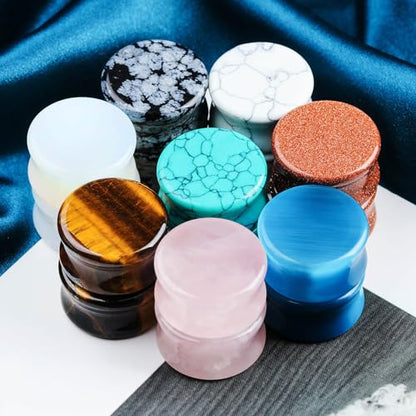 16-Piece Natural Stone Ear Gauges, Double-Flare Plugs, 6-20mm | Hypoallergenic mixed natural stone plugs with a smooth polished surface and secure saddle double-flare fit for daily wear - size: 16 mm
