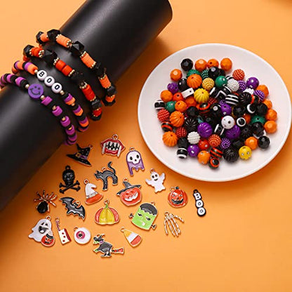 2200PCS+ Halloween Beads Charms for Jewelry Making Polymer Clay Beads Pumpkin Skull Evil Eye Beads Enamel Ghost Spider Charms for DIY Bracelet Necklace Earrings
