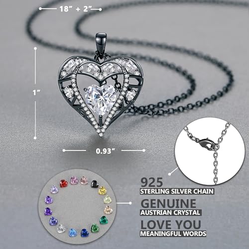 5 Heart I Love You Necklace for Women, Birthstone Crystal Pendant, Birthday Gift for Her, Wife, Mom, Rose Gold or Gunmetal Plated, 925 Sterling Silver Chain 18"+2" - color: 17-April-Diamond Crystal White-GunMetal Plated
