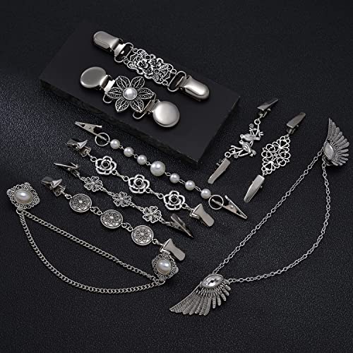 12pcs Vintage Sweater Shawl Clips Retro Cardigan Collar Shirt Waist Dresses Chain Clip Antique Flowers Pattern Brooch Pins for Women - style: B:12Pcs