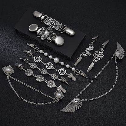 12pcs Vintage Sweater Shawl Clips Retro Cardigan Collar Shirt Waist Dresses Chain Clip Antique Flowers Pattern Brooch Pins for Women - style: B:12Pcs