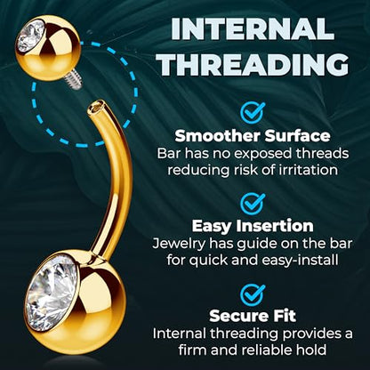 Internally Threaded Belly Button Ring G23 Titanium with Grade AAAAA Cubic Zirconia - 14g Implant Grade Titanium Belly Ring Piercing Jewelry Internal Thread - Bellybutton Rings Navel Jewelry For Women - color: Gold - 16mm
