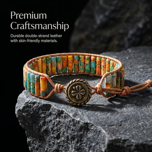 Boho Beaded Bracelets for Women, Chakra Healing Adjustable Strand Bracelet | Colorful Bohemian Trendy Jewelry, Fashion Accessories Gifts, Natural Stone and Leather Wrap