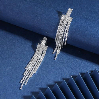 Silver Shiny Rhinestone Long Tassel Dangle Earrings for Women Trendy, Unique Bling Zirconia Drop Earring Dainty Prom Party Jewelry Accessories Gift - color: Silver 2