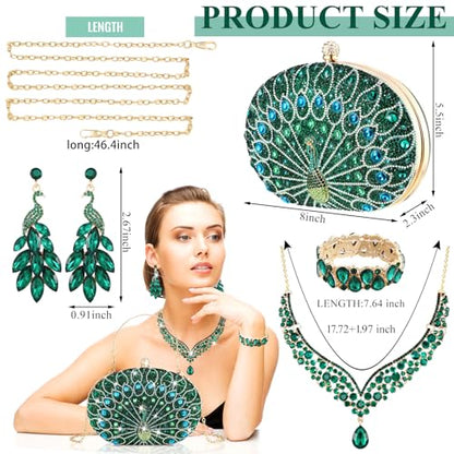 Quelay 4 Pcs Purse Rhinestone Jewelry Set Women | Wedding Bridal Prom Jewelry Sparkly Clutch Handbag with Necklace Bracelet Dangle Earrings Shiny Costume Kit - color: Green, style: Luxurious