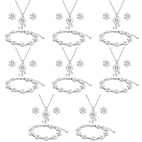 Bridesmaid Jewelry Set for Wedding, 18K Gold or Rose Gold or Silver Plated Flower Pendant with Simulate Pearl Necklace Earring Bracelet Set for Women Gift - color: SILVER - 8 SETS