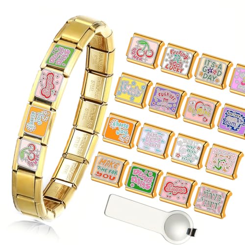 Italian Charms Bracelet Sets Heart Brascelet,18 of Charms and Opening Tools (8 Random Pattern and 10 Blank Modules) - style: Phrase-Golden