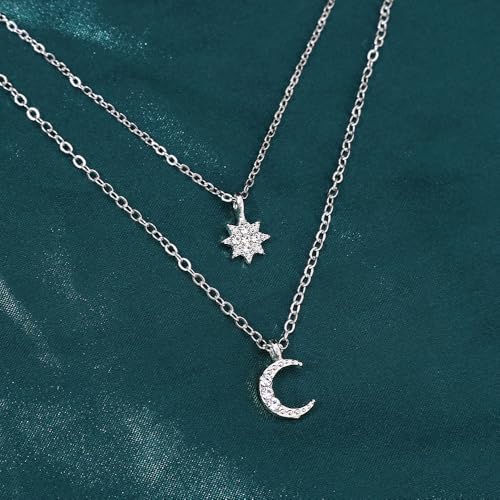 Silver Layered Star Moon Choker Necklaces for Women, Funky Rhinestone Moon Necklace Stars Choker Stacked Necklaces Jewelry