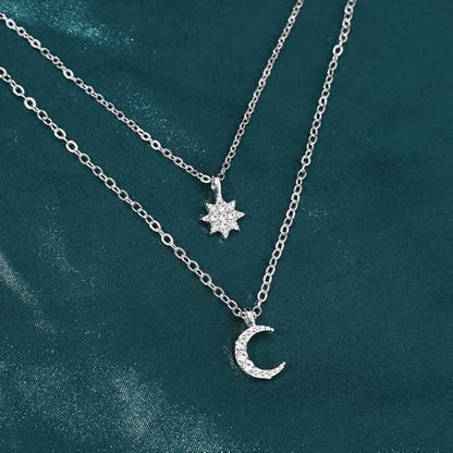 Silver Layered Star Moon Choker Necklaces for Women, Funky Rhinestone Moon Necklace Stars Choker Stacked Necklaces Jewelry