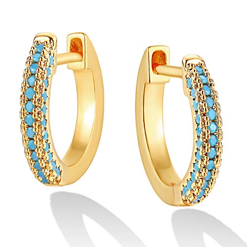 Dremmy Studios Dainty CZ Huggie Hoop Earrings 14K Gold Plated Chunky Simple Cute Thick Round Frill Bead Ball Starburst Cuff Earrings Cubic Zirconia Hoop Earrings Minimalist Personalized Gift for Her - color: CZ Turquoise